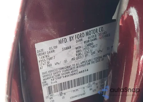 2009 Ford F150 z USA, uszkodzony, nr VIN 1FTRF14W39KC48514